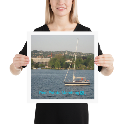 Boat on the River Poster with realestatematching with key Logo