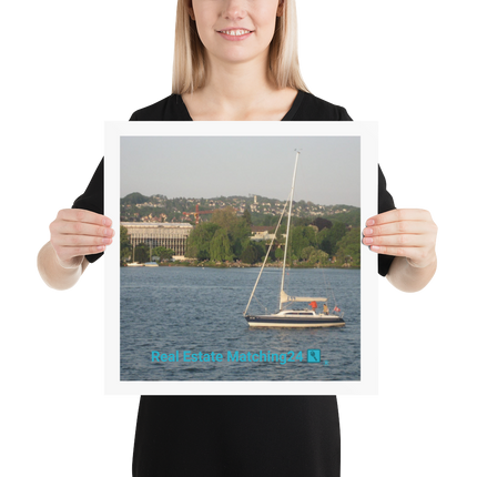 Boat on the River Poster with realestatematching24 with key Logo
