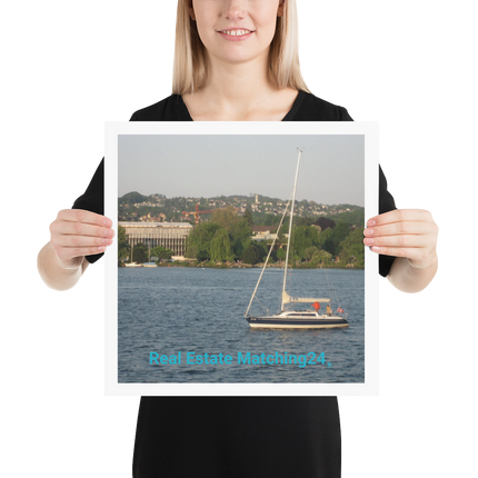 Boat on the River Poster with realestatematching24 without key Logo