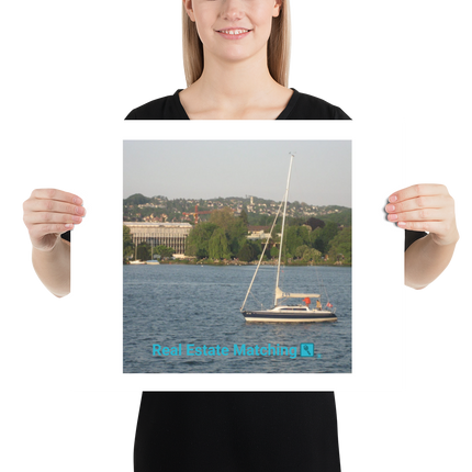 Boat on the River Poster with realestatematching with key Logo