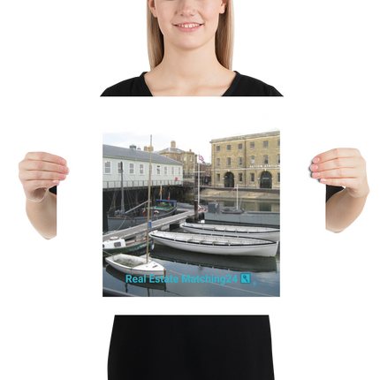 Boat on Water Poster with realestatematching24 with key Logo