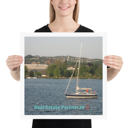 Boat on the River Poster with realestatepartner24 with house Logo