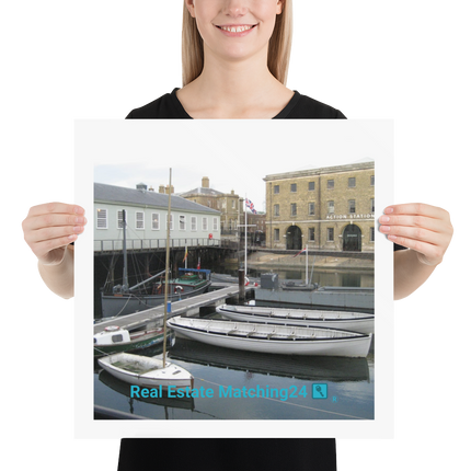 Boat on Water Poster with realestatematching24 with key Logo
