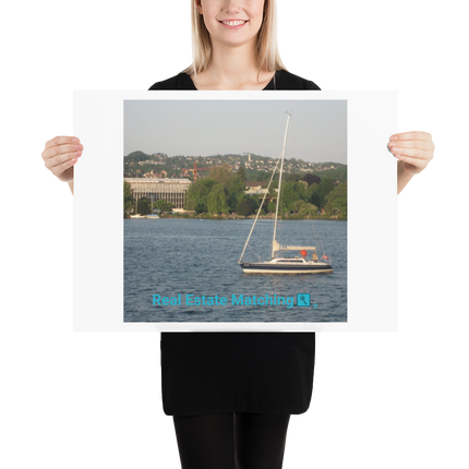 Boat on the River Poster with realestatematching with key Logo