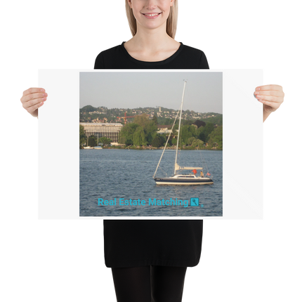 Boat on the River Poster with realestatematching with key Logo