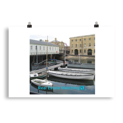 Boat on Water Poster with realestatematching with key Logo