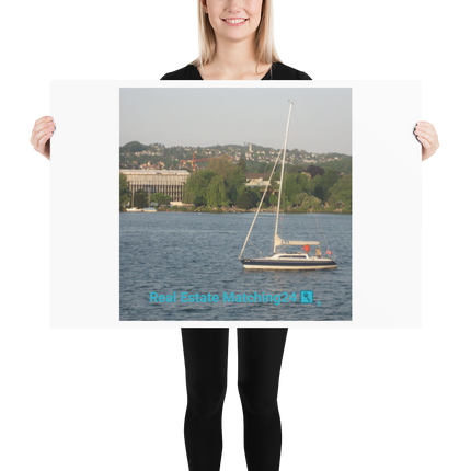 Boat on the River Poster with realestatematching24 with key Logo