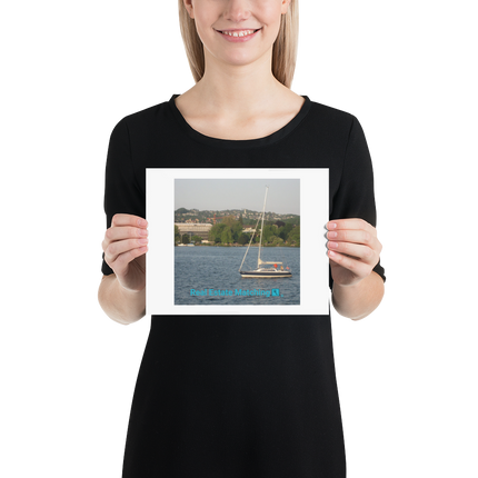 Boat on the River Poster with realestatematching with key Logo