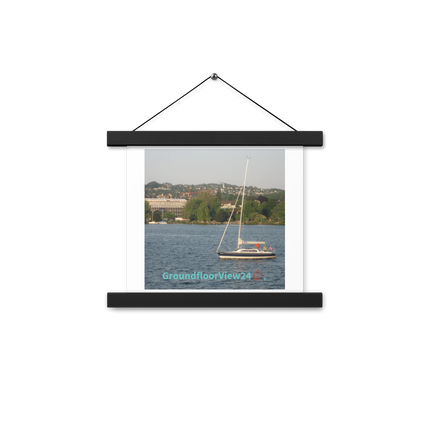 Boat on the River Poster with hangers with groundfloorview24 with House Logo