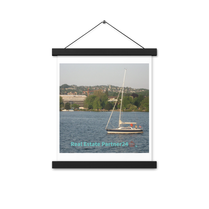 Boat on the River Poster with hangers with realestatepartner24 with house Logo