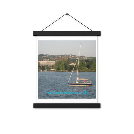 Boat on the River Poster with hangers with realestatematching24 with key Logo