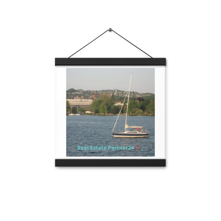 Boat on the River Poster with hangers with realestatepartner24 with house Logo