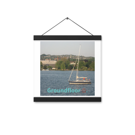 Boat on the River Poster with hangers with Groundfloor with House Logo