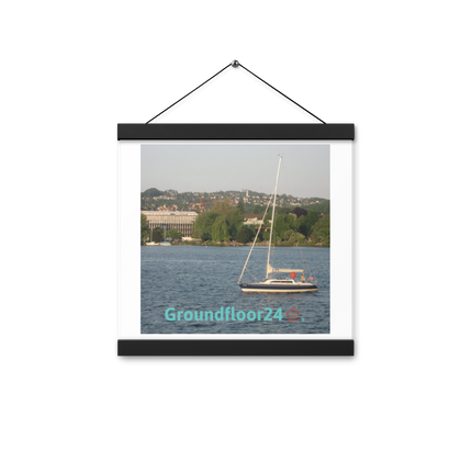 Boat on the River Poster with hangers with Groundfloor24 with House Logo