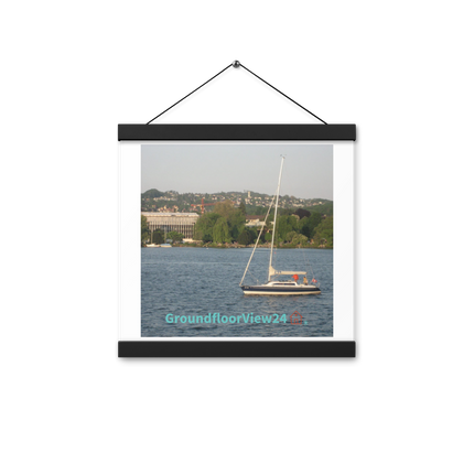 Boat on the River Poster with hangers with groundfloorview24 with House Logo
