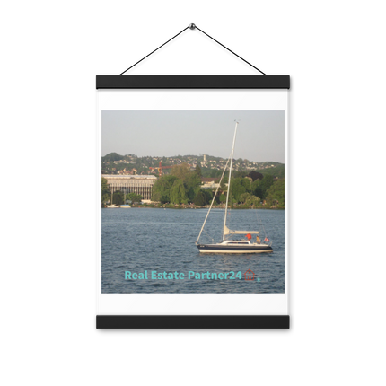 Boat on the River Poster with hangers with realestatepartner24 with house Logo