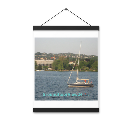 Boat on the River Poster with hangers with groundfloorview24 with House Logo