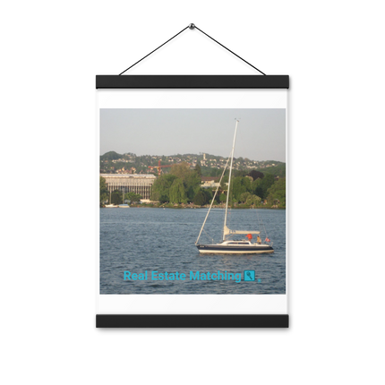 Boat on the River Poster with hangers with realestatematching with key Logo