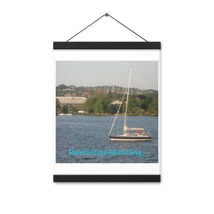 Boat on the River Poster with hangers with realestatematching without key Logo