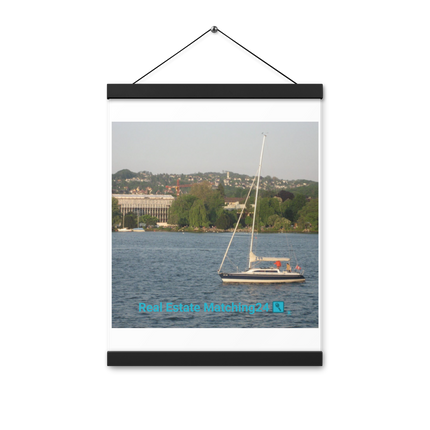 Boat on the River Poster with hangers with realestatematching24 with key Logo