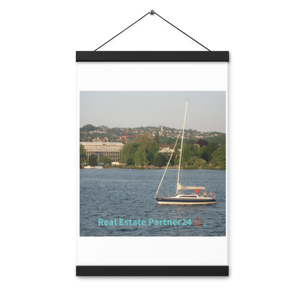 Boat on the River Poster with hangers with realestatepartner24 with house Logo