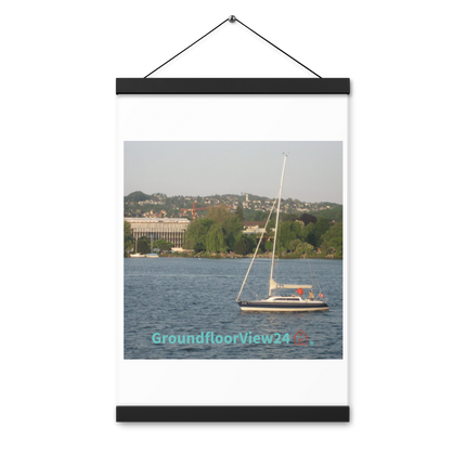Boat on the River Poster with hangers with groundfloorview24 with House Logo