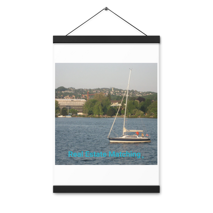Boat on the River Poster with hangers with realestatematching without key Logo