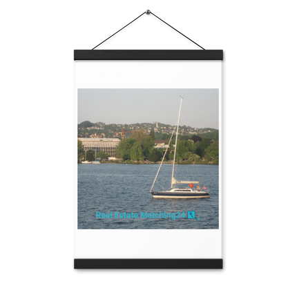 Boat on the River Poster with hangers with realestatematching24 with key Logo