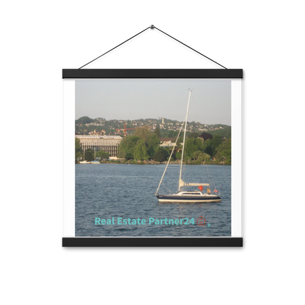 Boat on the River Poster with hangers with realestatepartner24 with house Logo