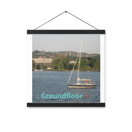 Boat on the River Poster with hangers with Groundfloor with House Logo