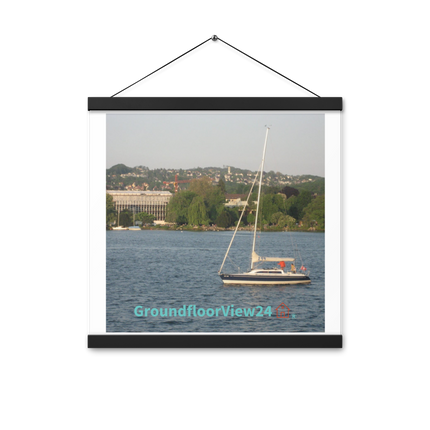 Boat on the River Poster with hangers with groundfloorview24 with House Logo