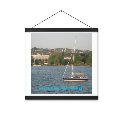 Boat on the River Poster with hangers with realestatematching with key Logo