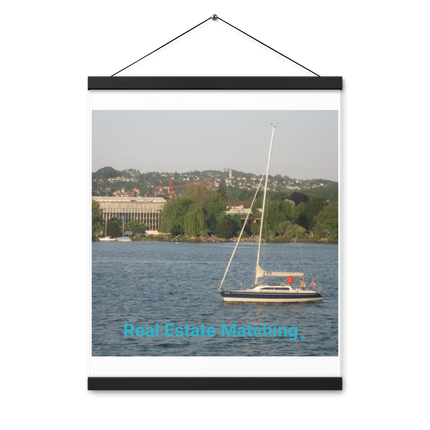 Boat on the River Poster with hangers with realestatematching without key Logo