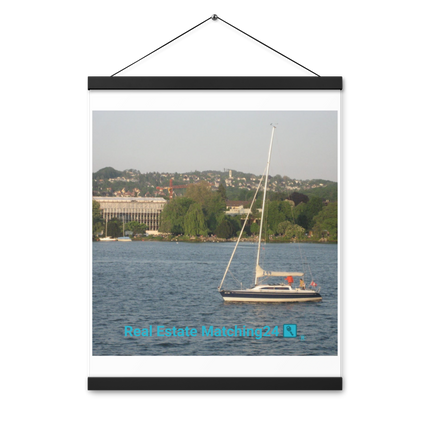 Boat on the River Poster with hangers with realestatematching24 with key Logo