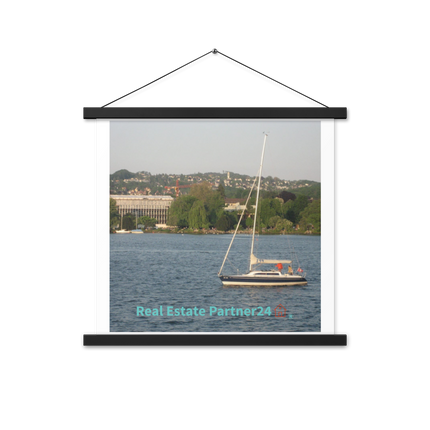 Boat on the River Poster with hangers with realestatepartner24 with house Logo