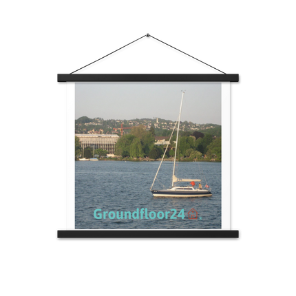 Boat on the River Poster with hangers with Groundfloor24 with House Logo