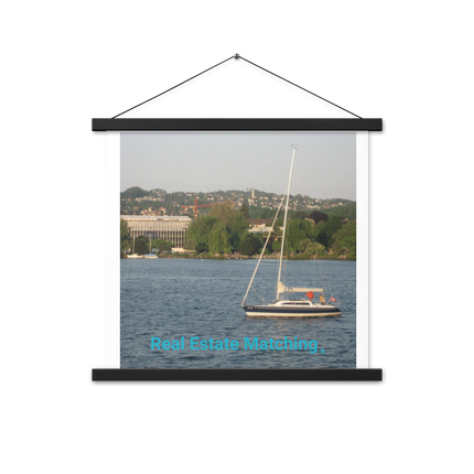 Boat on the River Poster with hangers with realestatematching without key Logo