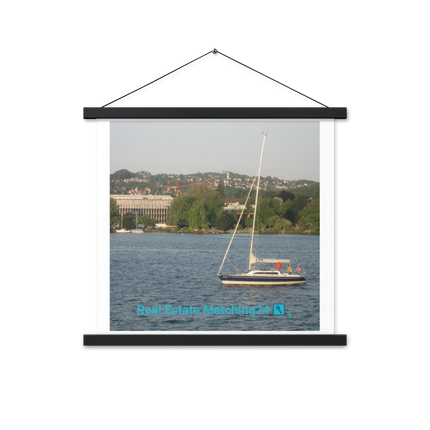Boat on the River Poster with hangers with realestatematching24 with key Logo