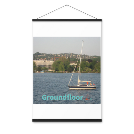 Boat on the River Poster with hangers with Groundfloor with House Logo