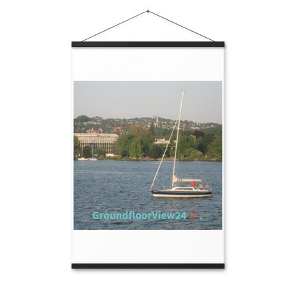 Boat on the River Poster with hangers with groundfloorview24 with House Logo