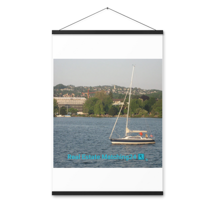 Boat on the River Poster with hangers with realestatematching24 with key Logo