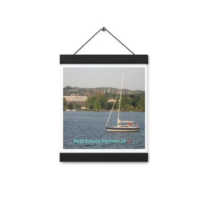 Boat on the River Poster with hangers with realestatepartner24 with house Logo