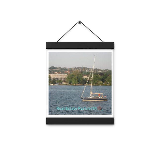 Boat on the River Poster with hangers with realestatepartner24 with house Logo