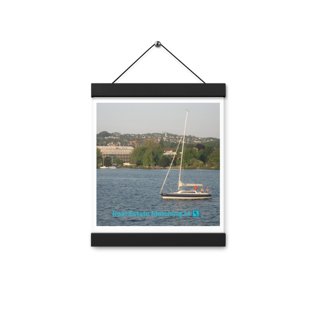 Boat on the River Poster with hangers with realestatematching24 with key Logo