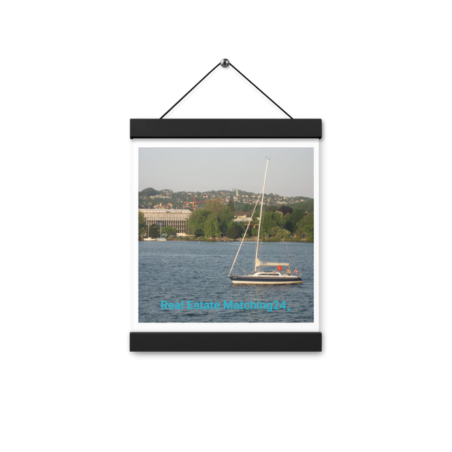 Boat on the River Poster with hangers with realestatematching24 without key Logo