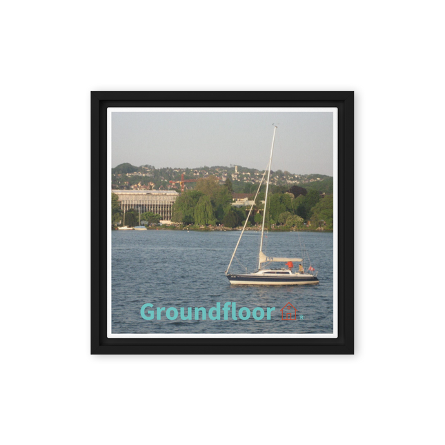 Boat on the River Framed canvas with Groundfloor with House Logo