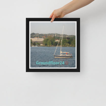 Boat on the River Framed canvas with Groundfloor24 with House Logo
