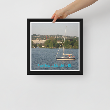 Boat on the River Framed canvas with realestatematching with key Logo