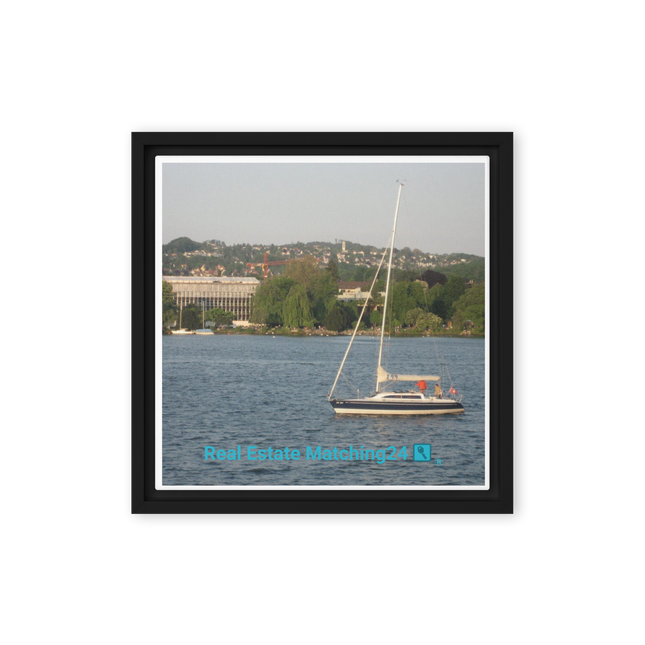 Boat on the River Framed canvas with realestatematching24 with key Logo