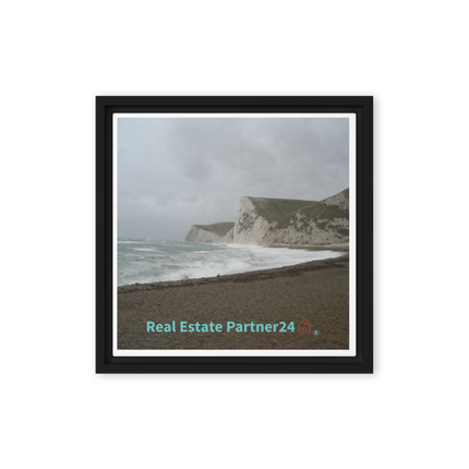 Waves and Sand Framed canvas with realestatepartner24 with house Logo